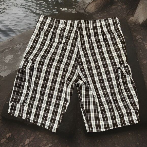 Y2K Levi's Shorts Men 34 Brown Gray Plaid Cargo Pockets Baggy White Tab 12463 - Picture 6 of 8